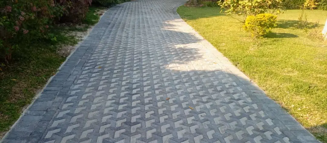 Completed patterned paving winding through a landscaped garden