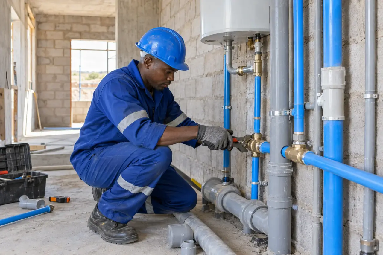 Plumber installing water pipes and fittings in a building under construction